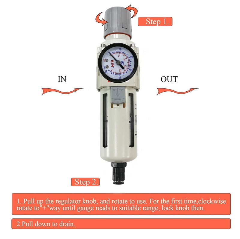 RIH Store Pneumatics 1/2"NPT Auto Drain Air Filter Pressure Regulator Combo Piggyback, air Pressure Regulator，Water Separator air Compressor(1/2"NPT) - Image 5